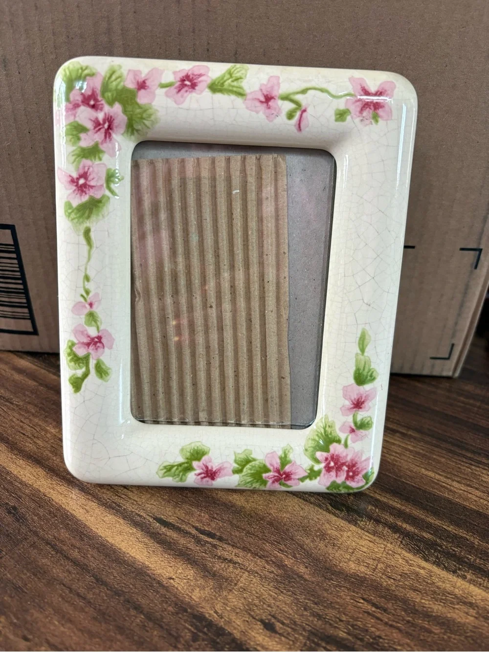 Hand-Painted Pink Floral Ceramic Picture Frame - White and Green Accents